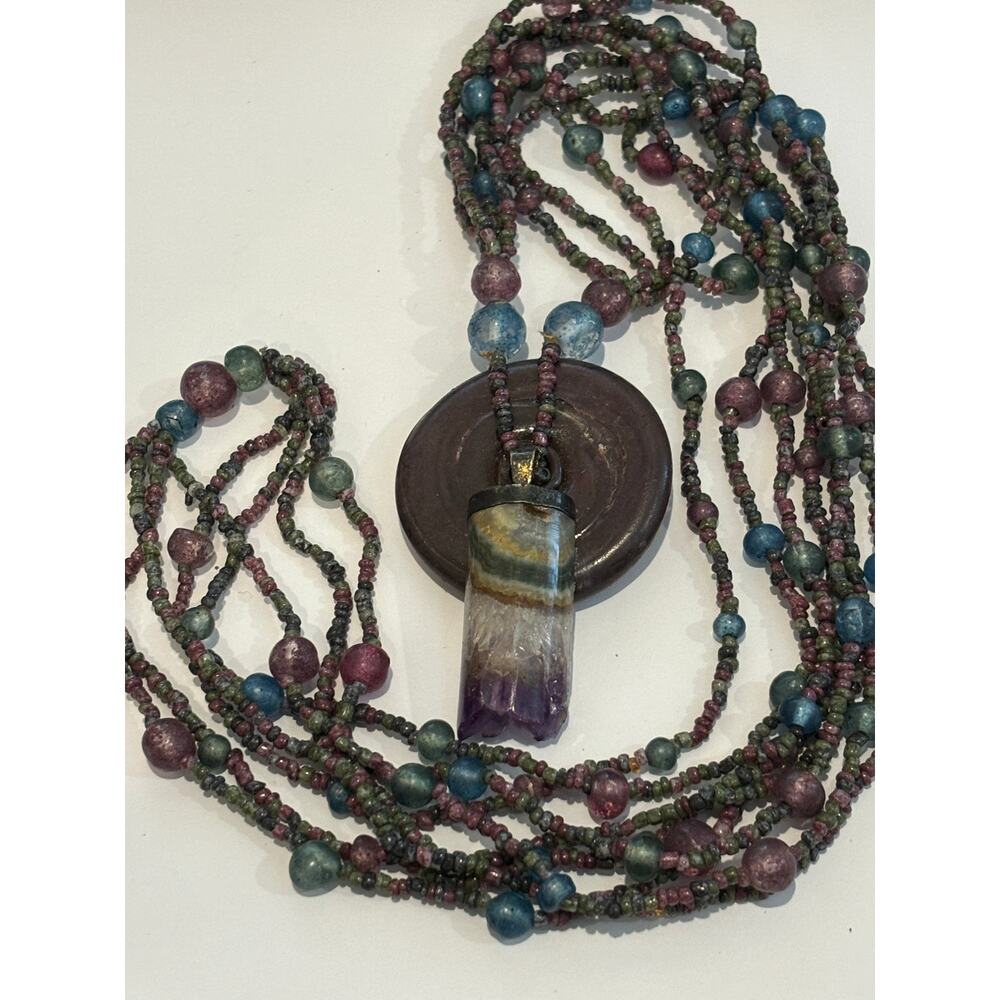 Vintage Boho Style Necklace Rainbow Fluorite & Molded Glass Beads Long